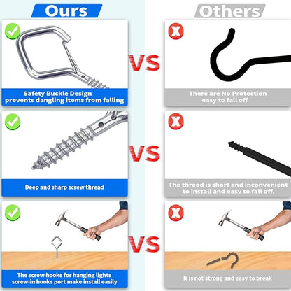 10 PCS Eye Screw Hooks for Hanging Heavy Duty with Safety Buckle.Metal Ceiling Hooks for Hanging Plants,Cup,Wind Chime,Bird Feeders,christmas String Lights at Indoor&Outdoor,2.36 Inch(No Drill Bit)