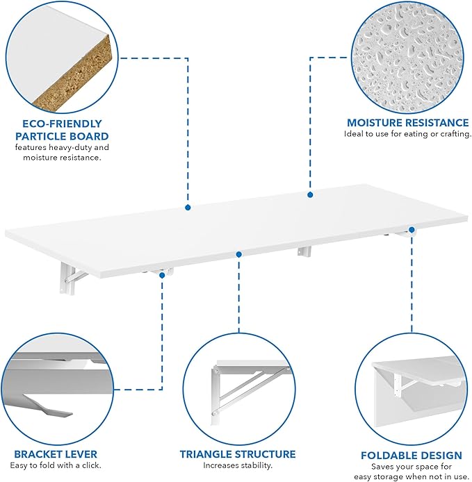 Mount-It! Heavy Duty Wall Mounted Drop Leaf Table, Folding Wall Mounted Desk, Drop Down to Save Space 45x15x7, Folding Laundry Table for Small Spaces, Home Office, Garage, Basement Kitchen