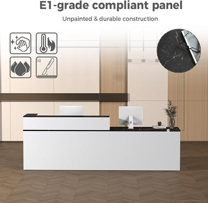 L Shape Reception Desk with Counter, Lockable Drawer, Keyboard Tray, and Double-Layer Storage for Salon, Office, or Clinic (White+Black/Right, 71" L*24" W*39" H)