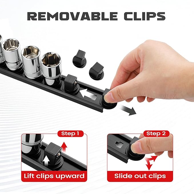 ALOANES 3-Piece Magnetic Socket Organizer, Heavy Duty Aluminum Rails, 360 Swivel Clips, 1/2, 3/8, 1/4-Inch Socket Holder x 40 Clips (Black)