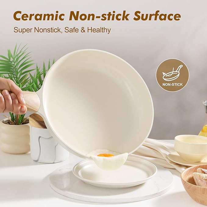 SENSARTE Ceramic Nonstick Frying Pan Skillet 9.5Inch Non Stick Omelette Pans, Non-toxic Healthy Kitchen Cooking Chef's Pan, Free of Intentionally Added PFOA/PFAS/PTFE, Induction Compatible, White