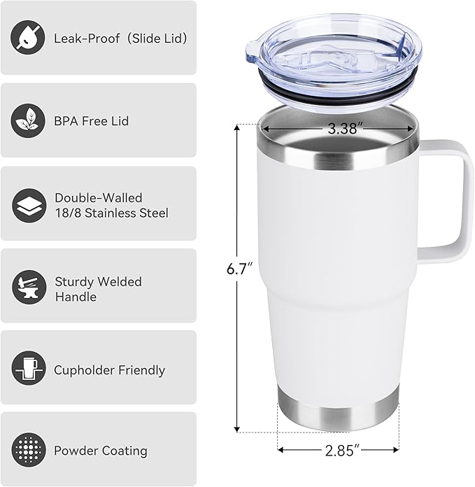 HASLE OUTFITTERS 20oz Tumbler with Handle, Stainless Steel Tumbler with Lid Metal Insulated Travel Coffee Mug Double Wall Vacuum Spill Proof Reusable Coffee Cup, White 1 Pack
