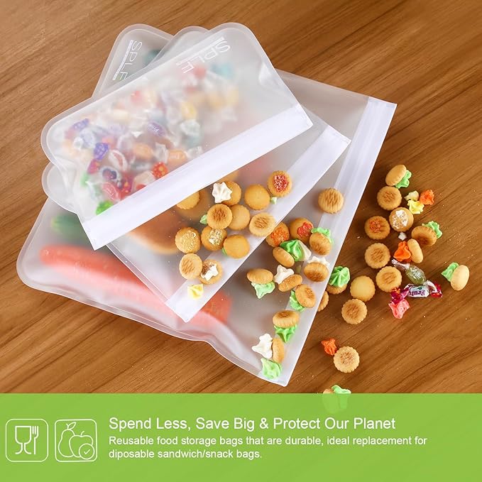 SPLF 12 Pack Dishwasher Safe Reusable Food Storage Bags (5 Sandwich 5 Snack 2 Gallon), BPA Free Freezer Bags Leakproof Silicone and Plastic Free Lunch Bags Fridge Organization