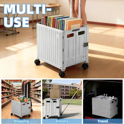 Folding Utility Cart (Gray), 4 360° Swivel Wheels Collapsible Rolling Crate with Lid, Heavy-Duty for Office/Home/Luggage, Teacher - Minimalist Style