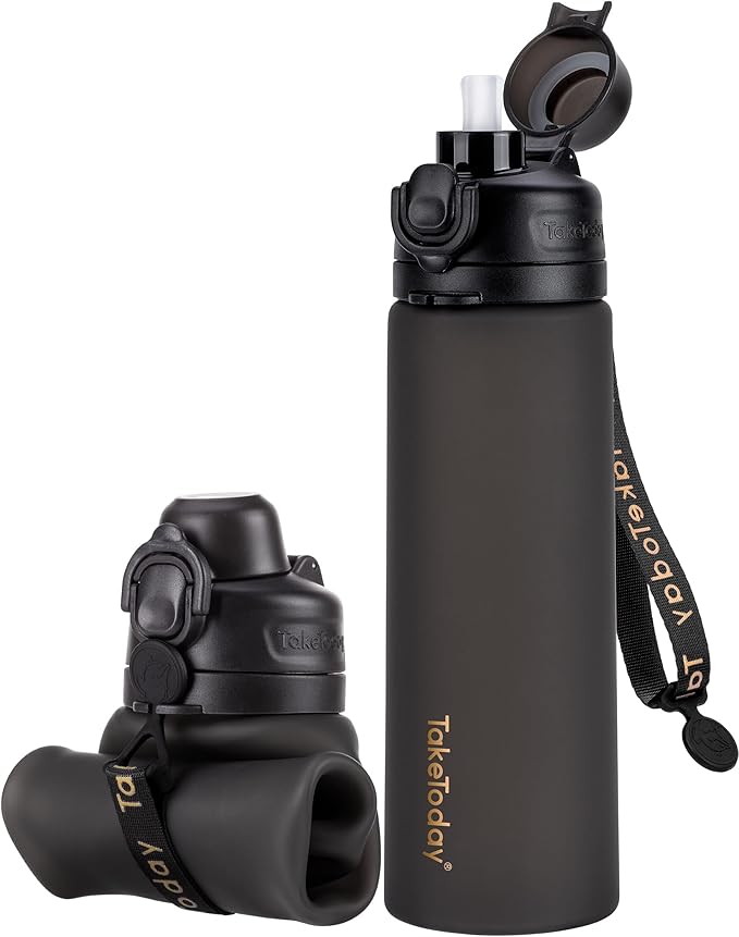 TakeToday Collapsible Water Bottles 20oz, Leak Proof, BPA-Free, Foldable Silicone Travel Water Bottle with Straw Strap for Cycling, Hiking, Outdoors