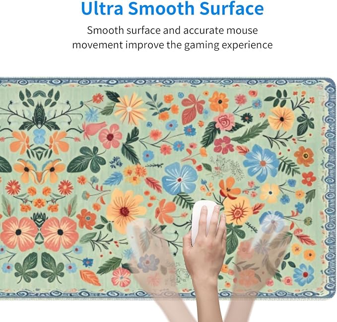 Gaming Mouse Pad, Large Non-Slip Rubber Base Mousepad, Keyboard Mouse Mat, Desk Pad with Stitched Edges, 31.5x11.8inch, Wilde Flower