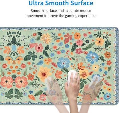 Gaming Mouse Pad, Large Non-Slip Rubber Base Mousepad, Keyboard Mouse Mat, Desk Pad with Stitched Edges, 31.5x11.8inch, Wilde Flower