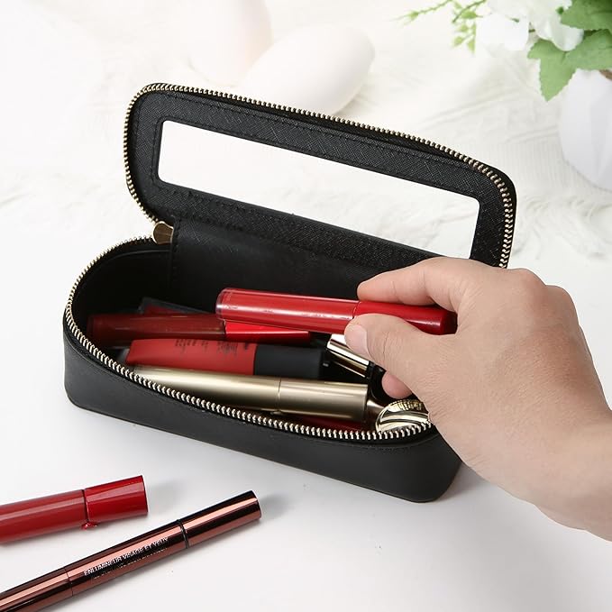 Aveniee Clear Makeup Brush Bag,Slim Cosmetic Brush Holder,Small Toiletry Bag Mini Travel Case for Women,Thin Make up Bags with Dual Zipper,Cute Travel Essentials Organizer,Black