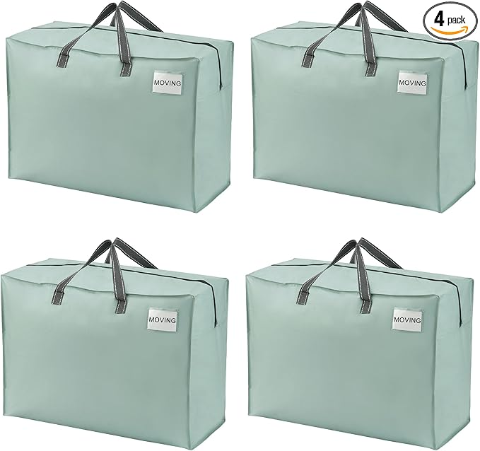 VENO 4 Pack Heavy Duty Moving Bags, Storage Bags, Packing Supplies, Top Zipper, Storage Totes for Camping, Clothes, Bedding, Comforters, Pillows (27 Gallon Light Green, 4 Pack)
