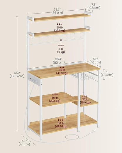 VASAGLE Bakers Rack with Power Outlet, 35.4 Inches Microwave Stand, Coffee Bar, 4 AC Outlets, with Adjustable Shelves, 8 S-Hooks, Basket, Spice Racks, Golden Oak and Cloud White UKKS031Y09