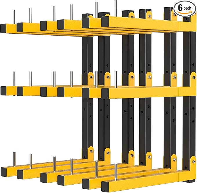 Lumber Rack Wall Mount Storage Racks Folding Wood Organizer Heavy Duty Shelf Brackets With 9-Level 1080 Lbs Capacity Yellow Metal Utility Racks Garage Wall Shelving for Indoor and Outdoor Use (6 Pack)