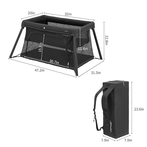2 in 1 Portable Travel Crib for Toddler, Foldable Crib for Baby, Lightweight Playpen Collapsible Playard with Soft Mattress, Easy to Carry Baby Travel Bed for Outdoor, Indoor (Black)