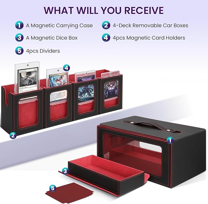 Card Storage Box for MTG with Commander Display for Trading Cards 400+, Card Deck Box with Handle, Removable Deck Case for TCG/Sports Cards, 4 Dividers, 1 Dice Tray, 4 Card Holders, Black Red