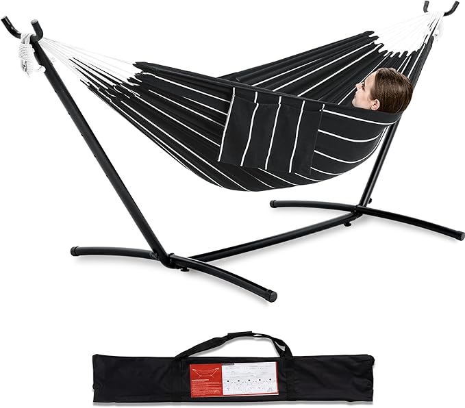 PNAEUT Double Hammocks with Stand for Outside, Portable Space Saving Heavy-Duty Steel Stand for Indoor Outdoor Patio with Carrying Bag, 450 lbs Capacity (Chasm)