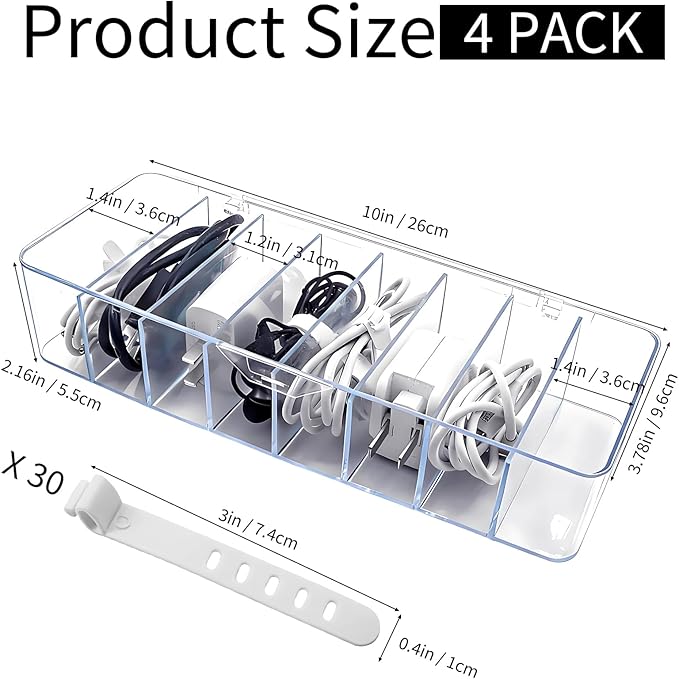 Cheardia 4 Pack Cable Storage Organizer, 10 In Plastic Cord Storage Box with 30 Wire Ties, Clear Charger Organizer with Lid for Office Home Desk Accessories