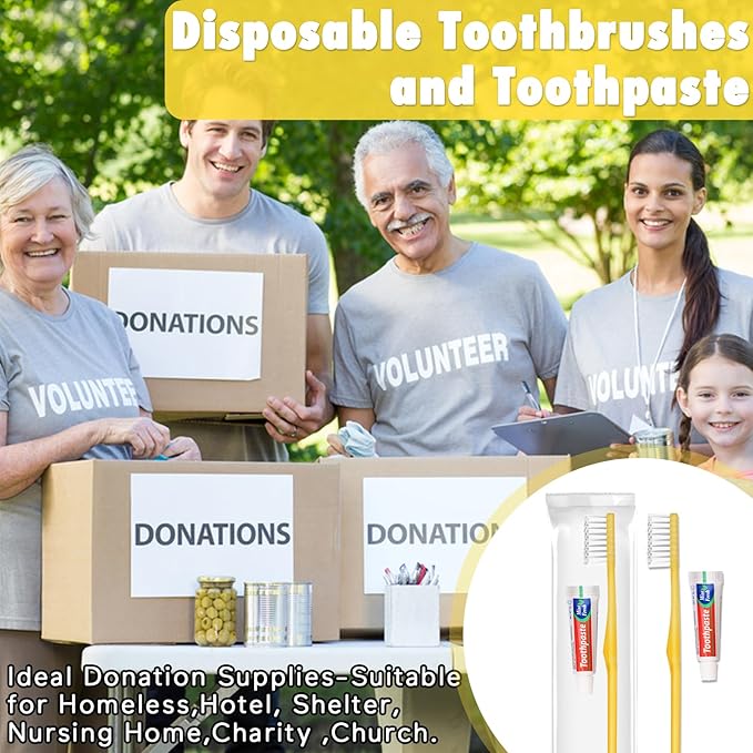 HOFASON Disposable Toothbrushes Pack of 50, Yellow Hollow Travel Toothbrush Set with Individually Wrapped Toothpaste for Homeless, Nursing Home, Shelter, Hotel