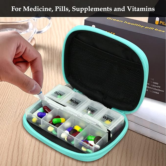 Serfeymi Weekly Travel Pill Organizer Pill Case for Purse with Removable 7 Day Pill Box, Fashionable Travel Medicine Organizer Pill Container for Medicine, Vitamin, Supplement - Green 01