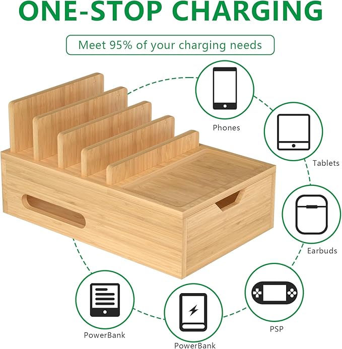 Bamboo Charging Station for Multiple Devices, Desktop Charger Organizer with Tray& Drawer, Wooden Docking Station for Smart Devices, Cell Phone, Tablet,Watch (Include 6 Cables, 5 Port USB Charger)