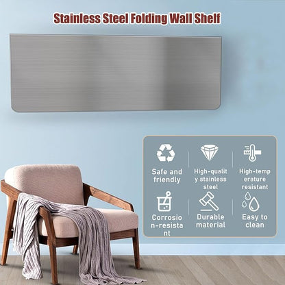 304 Stainless Steel Folding Wall Shelf Wall Mount Kitchen Storage Shelves Rounded Corners Food-grade Folding Table Thickened Bracket for Laundry Room Garage Restaurant.(100x35cm/39.4x13.8in)