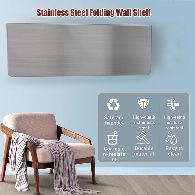 304 Stainless Steel Folding Wall Shelf Wall Mount Kitchen Storage Shelves Rounded Corners Food-grade Folding Table Thickened Bracket for Laundry Room Garage Restaurant.(100x40cm/39.4x15.7in)