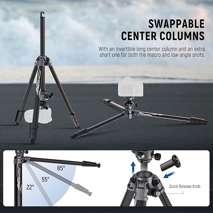 NEEWER LITETRIP LT07 61" Aluminum Travel Tripod Stand for Camera with Pan Tilt Low Profile Ball Head, Arca QR Plate Compatible with Peak Design Tripod Plate V3, Dual Center Axis, Max Load 22lb