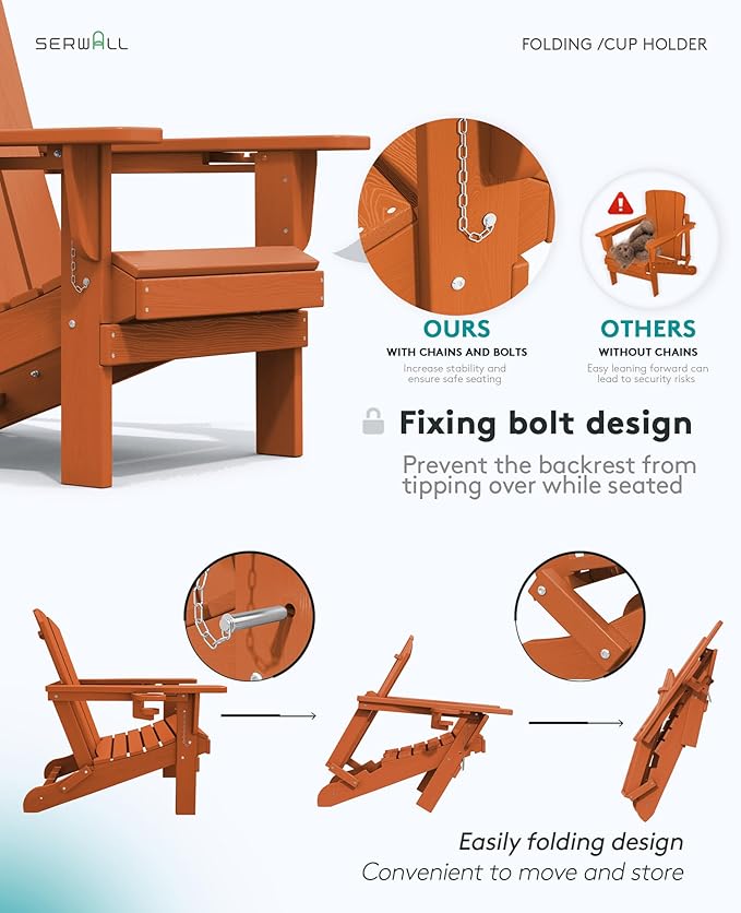 SERWALL Adirondack Chair with Cup Holders - Composite Adirondack Chairs Set of 6 HDPE Outdoor Chairs All Weather Use- Orange