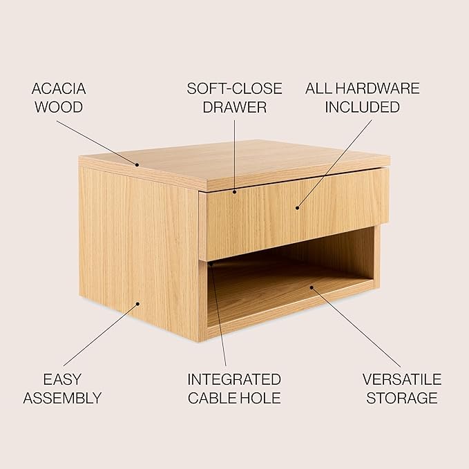 JONATHAN Y NST2002C Ettore 15.71" Mid-Century Modern Floating Wall Mounted Nightstand with Soft-Close Drawer and Cable Hole, Light Oak