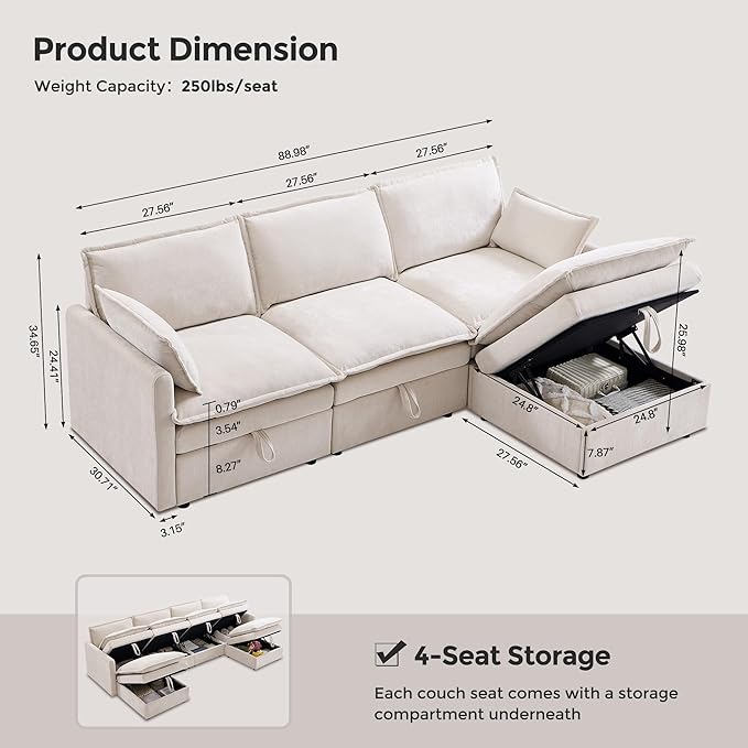 88.98" Sectional Couches for Living Room, Cloud Couch Sectional with Large Storage, L-Shape Modular Sectional Sofa with Ottoman, 4 Seater Chenille Sofa with Pillow for Apartment, Bedroom, Beige