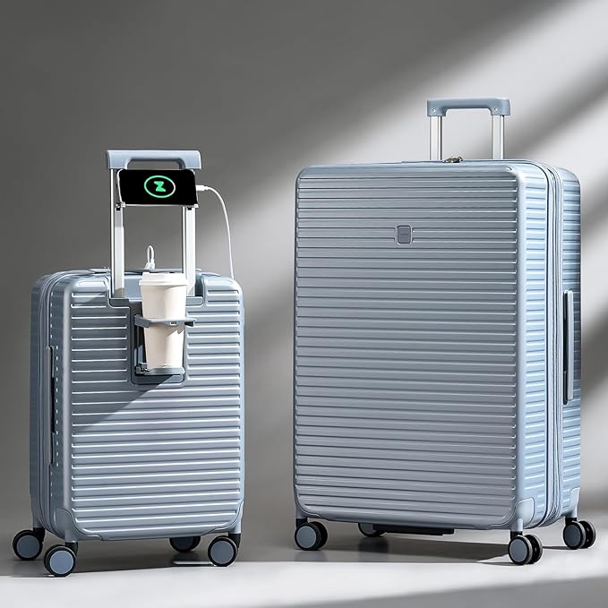 Hard Shell Suitcases Airline Approved 20 Inch Carry on Luggage with Wheels, Expandable Travel Luggage with Cup Holder Charger Built in Lightweight Small Suitcase, Silver