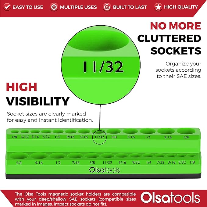 Olsa Tools Magnetic Socket Organizer | 1/4-inch Drive | SAE | Green | Holds 26 Sockets | Professional Quality Tools Organizer