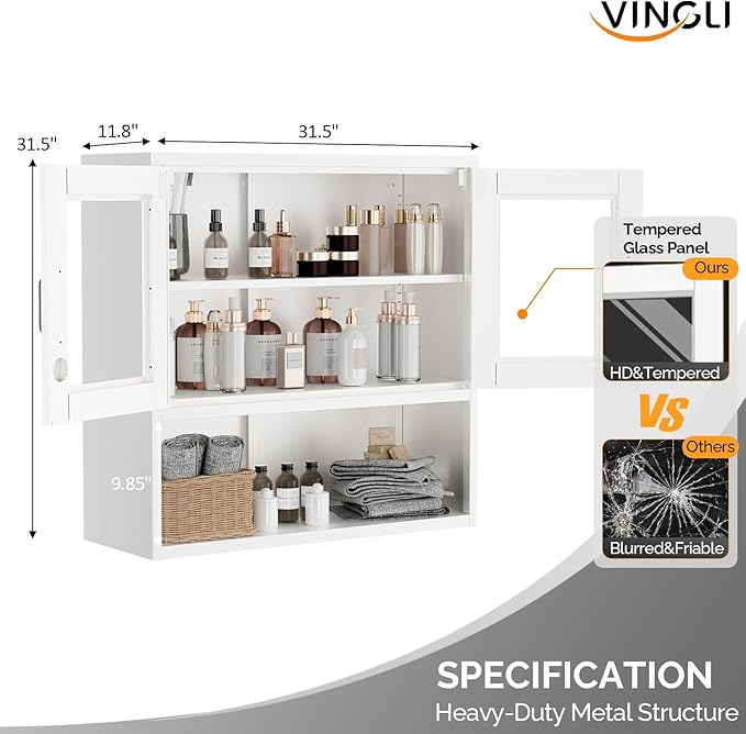 VINGLI Metal Wall Cabinet with Locking Glass Doors, Adjustable Shelf, Wall Mounted Storage Display Cabinets for Garage, Kitchen, Home Office, Warehouse, Living Room, White