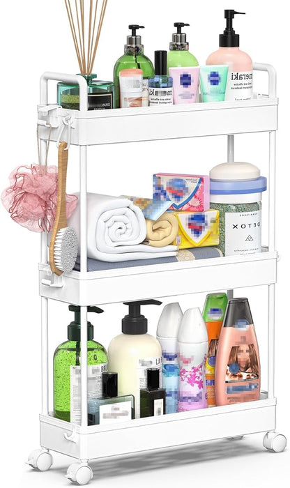 SOLEJAZZ Slim Rolling Storage Cart with Wheels 3 Tier Skinny Bathroom Storage Organizer Thin Laundry Room Utility Cart Space-Saving for Bedside Kitchen Office Small Narrow Places, White