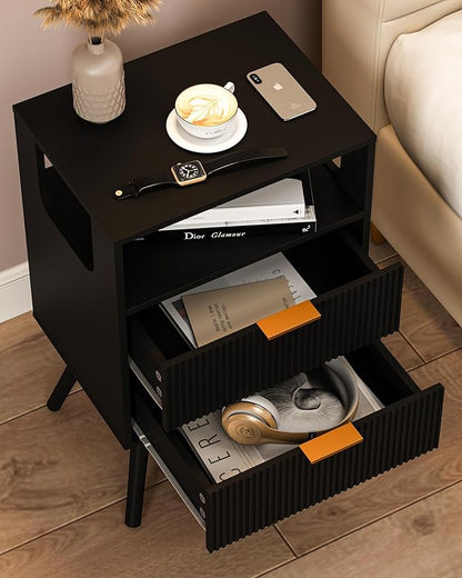 Black Nightstand,Modern Bedside Table with 2 Storage Drawer and Open Wood Shelf, for Bedroom and Small Spaces,Night Stand with Solid Wood Legs