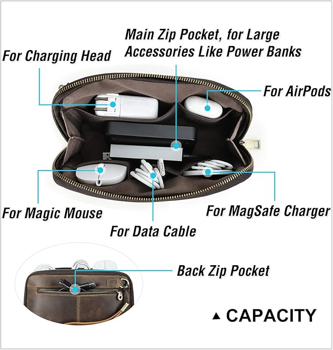 Electronic Organizer Zipper Bag Tech Pouch, Top Grain Leather Handmade, Portable Compact Travel Storage Cases Fits Apple Accessories, Phone, USB Cables, Power Banks, Chargers, Hard Drive