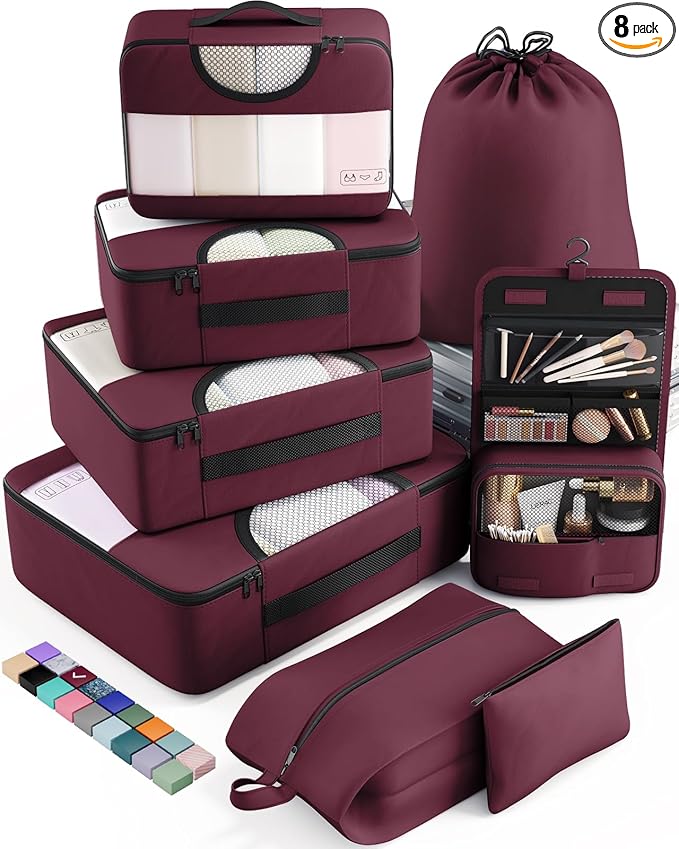Veken 8 Set Packing Cubes for Travel Essentials, Suitcase Organizer Bags in 4 Sizes, Carry-On Luggage Accessories with Large Laundry & Hanging Toiletry Bag, Must-Have for Airplane, Road Trip & Camping