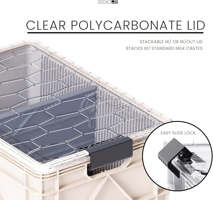 SIDIO CRATE Starter Pack - Two Full Size and One Half Size SidioCrate, Stackable Outdoor Organizer Storage Bins with Clear Lid and Dividers - Tan