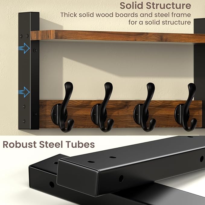 29'' Rustic Coat Rack Wall Mount with Shelf and Key Hooks, Solid Wood Key Holder Wall Mount, Farmhouse Wall Organizer for Mail, Entryway Wall Hangers for Hats, Clothes, Backpacks, Dog Leashes, Mudroom