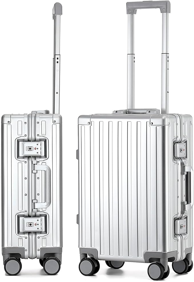 20 Inch All Aluminum Carry On Luggage 22x14x9 Airline Approved with Spinner Wheels,Hard Shell Zipperless Lightweight Small Suitcase with TSA Approved for Travel Business Women Men,Silver