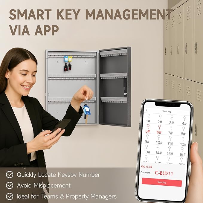 WeHere 72 Key Lock Box Wall Mount, APP Bluetooth/OTP/Wi-Fi/Fixed Code/Key Unlock, Smart Key Cabinet with Key Tag, Key Organizer Holder Box, Key Management Directory for Office, Valet, Realtor, Hotel