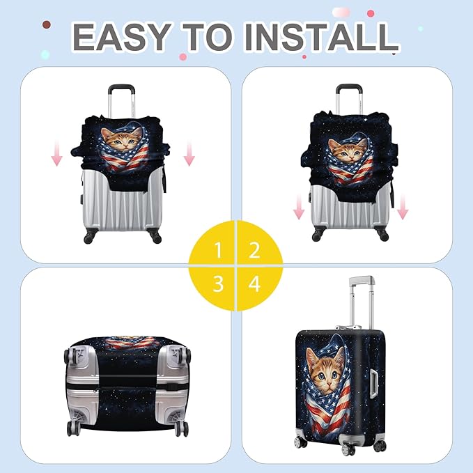 ANNA QUEEN Cute Patriotic Cat Luggage Cover, American Flag Suitcase Protector, Stretchable, Washable Travel Cover for 28-30 Inch Luggage