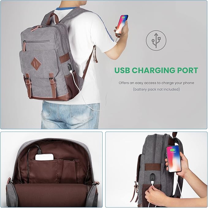 Modoker Vintage Backpack for Men Women, Canvas Bookpack Fits Most 15.6 Inches Computer and Tablets, Rucksack Backpack with USB Charging Port, Grey