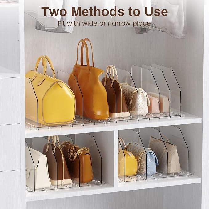 Purse Organizer for Closet, Adjustable Clear Handbag Storage Holder, Acrylic Purse Organizer for Closet Organization, Shelf Divider, Perfect for Bedroom, Living Room, Home