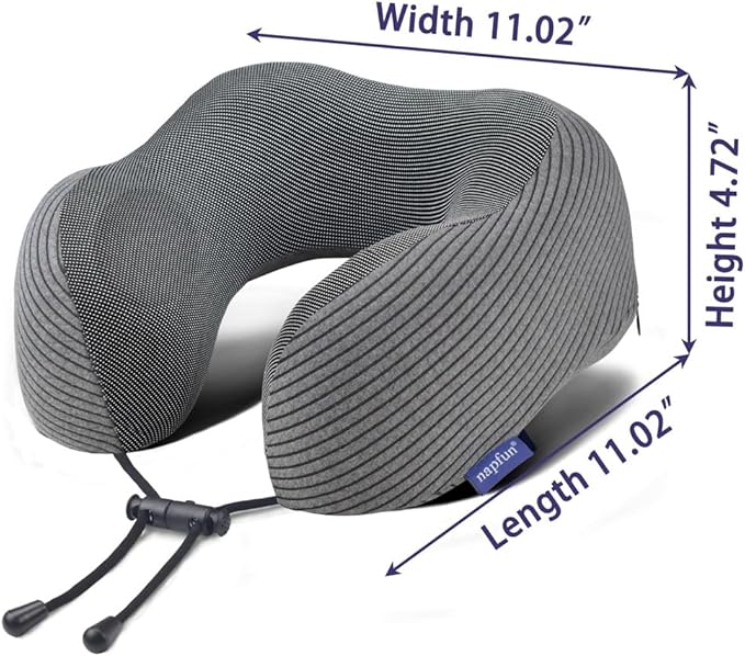 napfun Travel Pillow, 100% Pure Memory Foam Neck Pillows for Travel Airplane Headrest Flight Plane Accessories, Deep Grey, Medium (120-200LB)