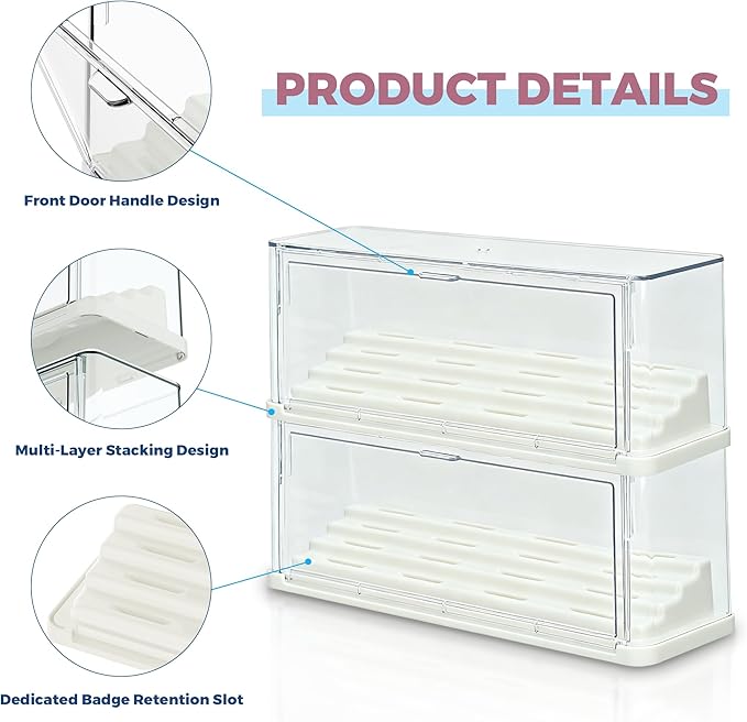 2 Pack Button Pin Display Case – 4-Tier Clear Badge Storage Box, Stackable Dustproof Pin Organizer with Front Door for Button Pins, Enamel Pins, and Collectibles (White-2 Pack)
