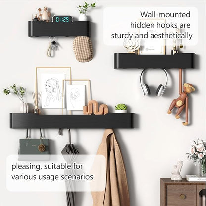 Coat Rack Wall Mount with Hidden Hooks Modern Key Holder Wood Entryway Hook with Shelf for Bedroom Kitchen Hallway Bathroom Designed for Hanging Coats Hats Bags Towels Dog Leashe(Black,8 Hooks)