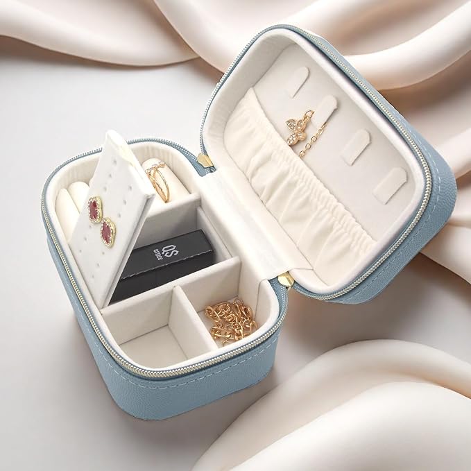 Travel Jewelry Case Bulk Of 4 For Women Weekend Trips, Gold Zip, PU Leather Compact Jewelry Organizer For Earring Bracelets Blue Travel Jewelry Box Set 4 Perfect For Small Bridesmaid Jewelry Box Gift