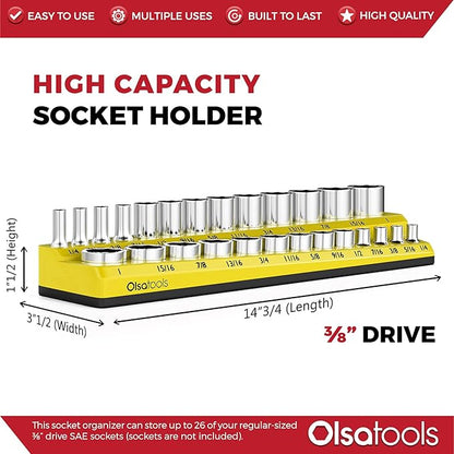 Olsa Tools Magnetic Socket Organizer | 3/8-inch Drive | SAE | Yellow | Holds 16 Sockets | Professional Quality Tools Organizer