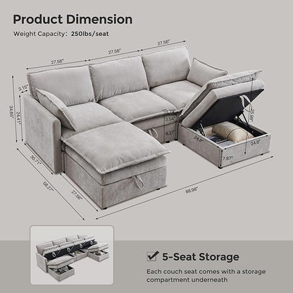 88.98" Sectional Couches for Living Room, Cloud Couch Sectional with Large Storage, U-Shape Modular Sectional Sofa with Ottoman, 5 Chenille Seater with Pillow for Apartment, Bedroom, Light Grey