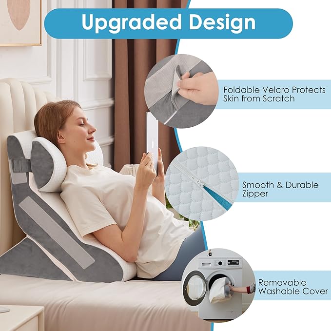 4PCS Bed Wedge Pillow for Headboard, Adjustable Wedge Pillow for Sleep Apnea, 23” Wide Triangle Pillow Wedge Set for After Surgery, Acid Reflux Relief, Snoring, Neck&Back Support, White/Grey