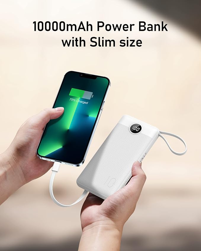 VEEKTOMX Portable Charger with Built in Cables 10000mAh, USB C Power Bank with 5 Outputs and LED Display, Small & Slim Battery Pack Compatible with iPhone/iPad/Samsung and Android Devices for Travel